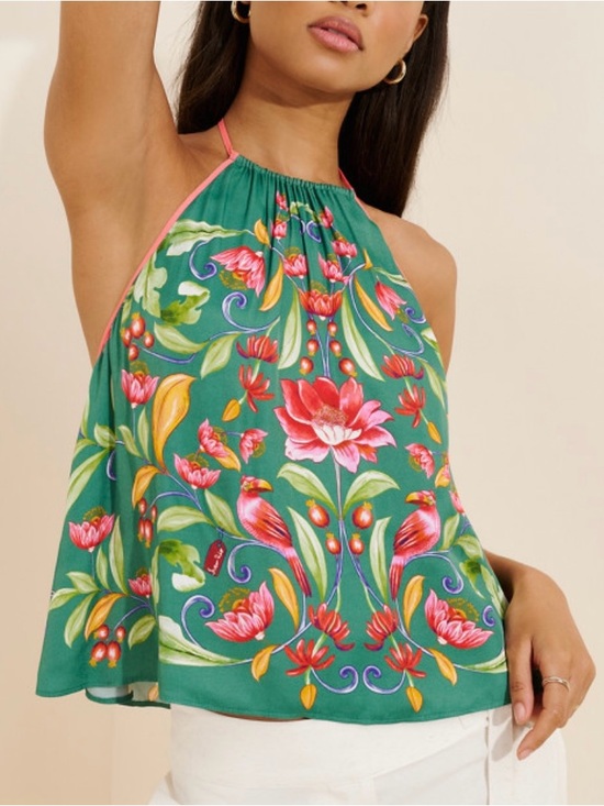 FARM Rio Tops - Farm Rio Green Floral Tropical Halter Neck Swing Top